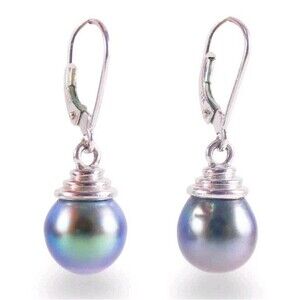 14K White Gold 9mm Black Tahitian Pearl Leverback Dangle Drop Earrings 1"